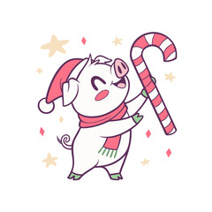 Joyful cartoon pig in a Santa hat and scarf, holding a festive candy cane amidst sparkling elements.
