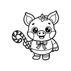 Obraz premium A cute cartoon pig character holding a striped candy cane, depicted in a black and white outline style.
