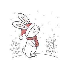 A cute cartoon white rabbit wearing a red Santa hat and scarf, standing in a snowy winter scene with falling snowflakes and sparse plants.