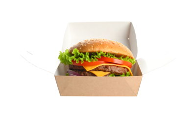 Delicious double cheeseburger in an open cardboard takeaway box isolated on transparent background