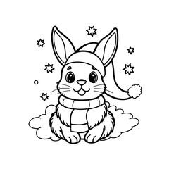 A cute cartoon rabbit wearing a Santa hat and striped scarf, sitting on a cloud with falling snowflakes, presented as a black and white outline drawing.