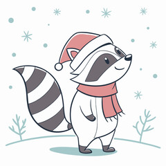 Santa Claus with snowman and racoon on Christmas greeting card Cute cartoon pig character with other cute pets