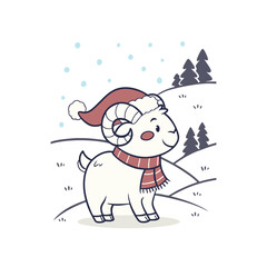 A cute cartoon ram wearing a Santa hat and scarf in a snowy winter landscape.