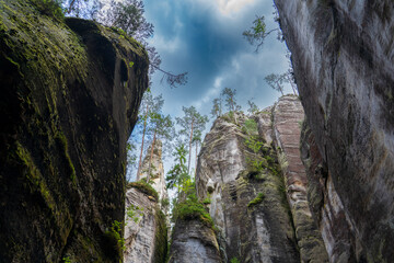 Adrspach, Czech Republic - 20.07.2025: View of the Adrspach-Teplice Rocks with Lake Piskovna....
