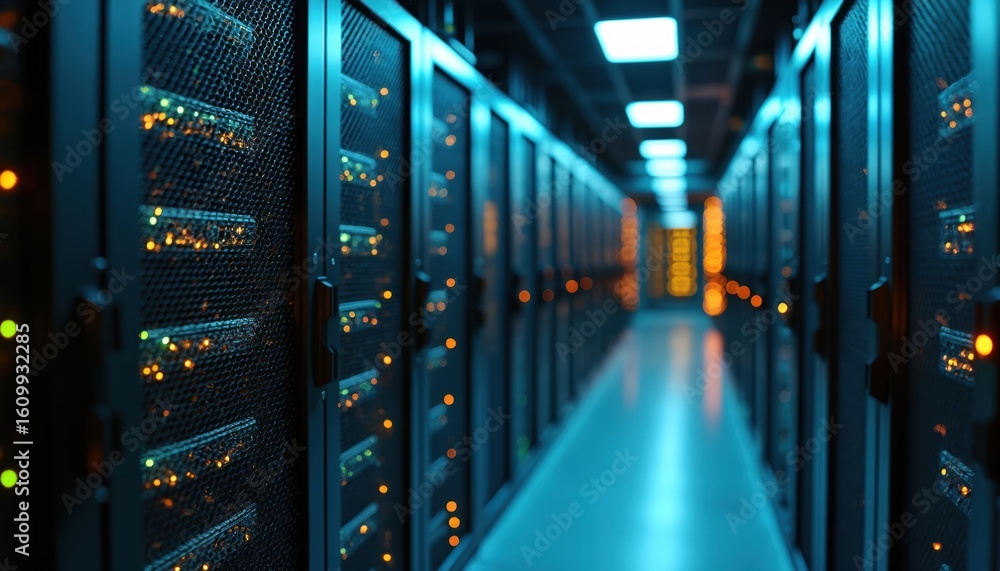 Aufkleber server room interior featuring rows of glowing computer racks with blue, orange lights. modern data 