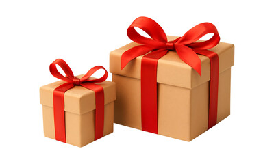 Obraz premium Two kraft paper gift boxes with red ribbon bows isolated on transparent background