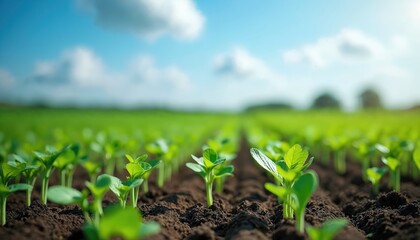 Rows of young green plants grow in dark soil under bright blue sky with clouds. Close-up macro view highlights early agriculture, new life, beginning of growth in field. Focus on nature, spring