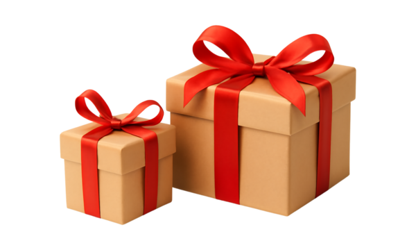 Two kraft paper gift boxes with red ribbon bows isolated on transparent background