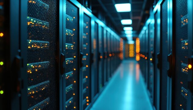 Server room interior featuring rows of glowing computer racks with blue, orange lights. Modern data center infrastructure highlights networking, digital cyberspace, technological progress for