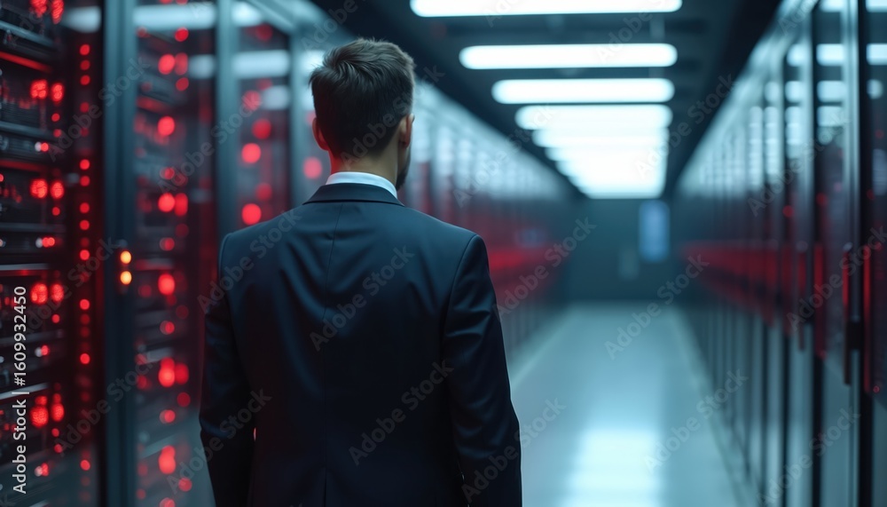 Poster man in suit stands in server room with rows of black servers featuring red lights. focuses on techno