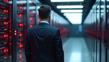 Man in suit stands in server room with rows of black servers featuring red lights. Focuses on technology, professionalism, infrastructure. Image represents data processing, digital information,