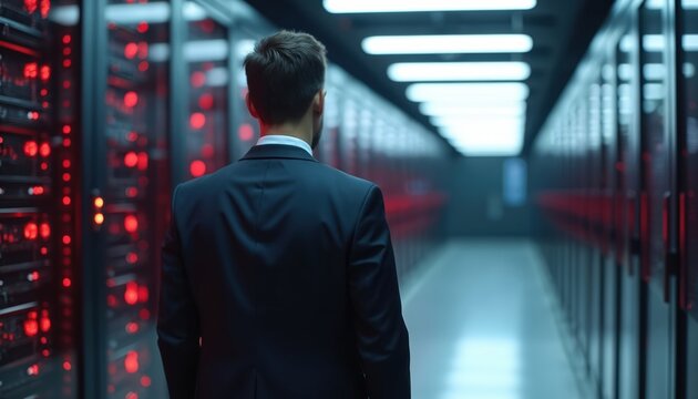 Man in suit stands in server room with rows of black servers featuring red lights. Focuses on technology, professionalism, infrastructure. Image represents data processing, digital information,