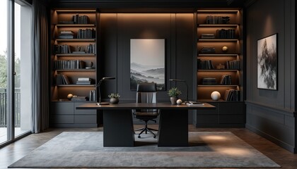 Modern dark office features sleek black desk, luxurious bookshelves, and elegant decor. Pro workspace with sophisticated minimalist contemporary design, stylish ambience.
