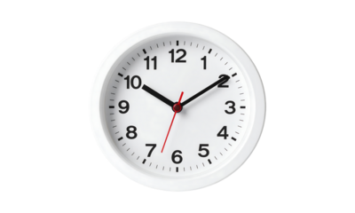 White oval wall clock with black numbers and red second hand isolated on transparent background