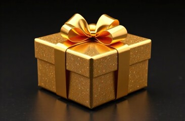 Obraz premium Black open gift box with golden ribbon, light from inside, isolated on black background - 3D illustration
