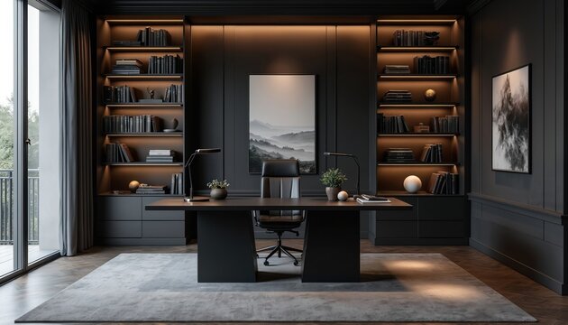 Modern dark office features sleek black desk, luxurious bookshelves, and elegant decor. Pro workspace with sophisticated minimalist contemporary design, stylish ambience.