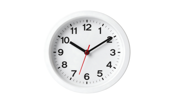 White oval wall clock with black numbers and red second hand isolated on transparent background