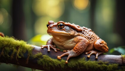 Obraz premium eastern narrow mouthed toad resting on a branch with intense gaze in forest