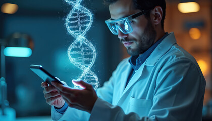 Scientist interacts with digital DNA helix overlay via smartphone in laboratory. Futuristic biotechnology research uses AI for genetic discovery, health care innovation, pharmaceutical development.