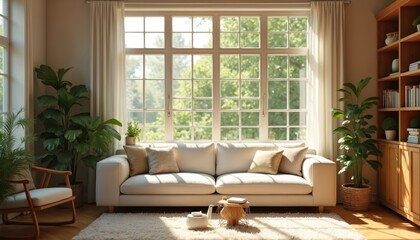 Fototapeta premium Cozy living room boasts comfortable white couch bathed in bright daylight streaming through large windows. Elegant curtains frame green trees outside. Warm atmosphere, inviting space, modern interior