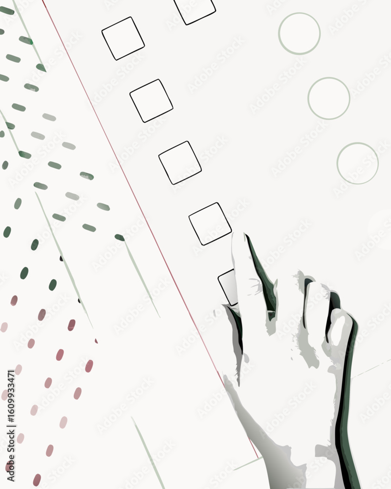 Aufkleber a hand selecting a square box on a checklist with circles and a polka dot pattern on the left side c