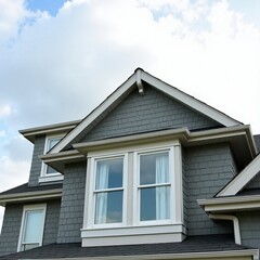 Architectural Detail Shot of Multi-Gable House with Modern Gray Exterior Cladding