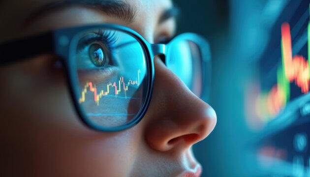 Woman analyzes financial data charts reflected in glasses. Close-up of eye on screen displaying digital graph, stock market growth, investment trading information. Blue light illuminates face, modern