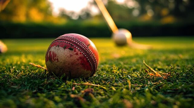 A close-up shot of a cricket ball sitting on lush green grass, perfect for sports-themed images or as a decorative element