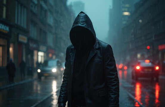 Anonymous figure in hooded black leather jacket walks alone on rainy city street at night. Mysterious, dark, dangerous atmosphere. Faceless man shrouded in fog creates unease and intrigue.