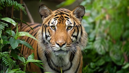 Obraz premium tiger in a lush jungle environment facing forward with a serious expression