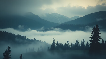 Misty landscape with mountains and dark moody fir forest in hipster vintage retro style