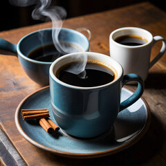 Steaming hot americano coffee in a rustic mug,  energy,   stimulating