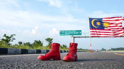 Red Boots on Asphalt Near Malaysian Flag Immigration Travel Border