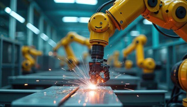 Robotic arms perform precision welding on metal parts in intelligent factory. Automated machinery, mechatronics engineers monitor production process, ensuring high standards in manufacturing. Scene