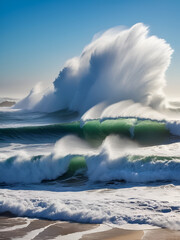 Spray breaks off from powerful waves when the wind ruffles the tops, and the air is filled with salty fog. Powerful energy. coastal waves in the afternoon.