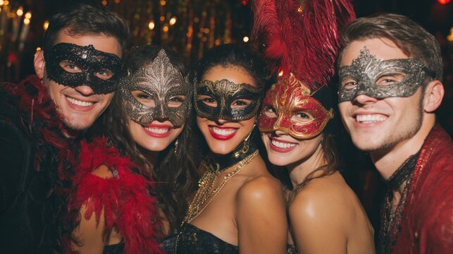 Group portrait of masked partygoers