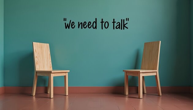 Two minimalist wooden chairs face each other in an empty room. A teal wall behind them has a statement We need to talk. This implies a serious conversation, meeting, or negotiation is about to occur.