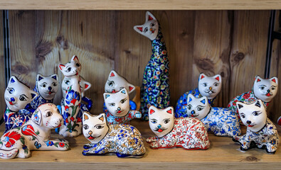 Ornate handmade Turkish ceramic Iznik pottery cat figurines with a floral pattern motif in Ottoman...
