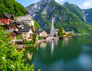 Fototapeta premium Picturesque alpine village nestled beside a tranquil lake, framed by lush greenery and majestic mountains
