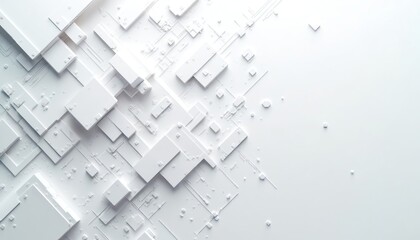 Abstract white circuit board pattern with geometric shapes symbolizing technology, innovation. Clean design, precise layout, intricate details represent digital engineering, futuristic concepts.