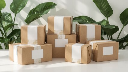 Cardboard Packages with Blank Labels Stacked on White Table Against Green Foliage Background