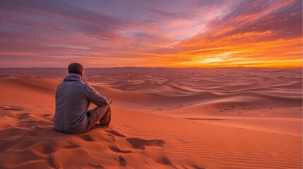 Man sits in desert at sunrise