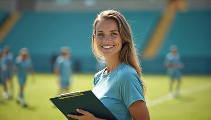 Fotobehang Confident young woman coach on football field holding clipboard, smiling. Leads team with determination, strategy. Female athletic trainer plans drills, motivates players for sports success, teamwork. © Viktor