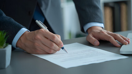 Businessman signing contract; serious, professional, close-up shot.