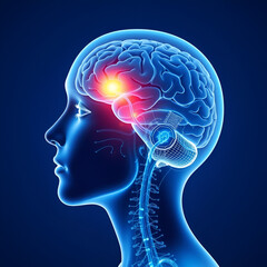 Woman with optic nerve and link to stimulated brain region - X ray style 3D illustration with blue background