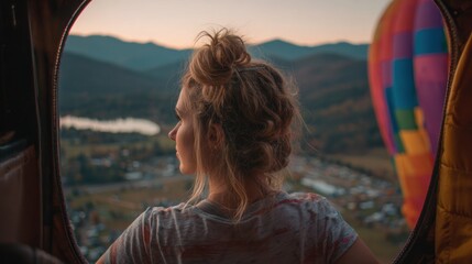 Woman in hot air balloon, scenic view