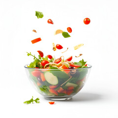 Tossed salad ingredients mid-flight into glass bowl on isolated white background