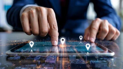 A businessmans finger hovers over a digital tablet displaying a city map overlaid with location pins, representing strategic business expansion and global connectivity.