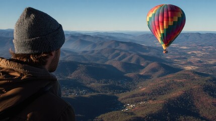 Man gazes at hot air balloon over mountains