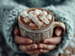 Des mains entourant une tasse de chocolat chaud avec des chamallows. Générée par IA